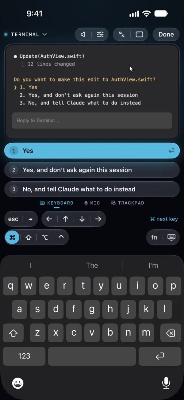 The keyboard page: the iPhone keyboard up, and above it esc, tab, the arrows, ⌘ (lit), ⇧, ⌥, ⌃ and fn.