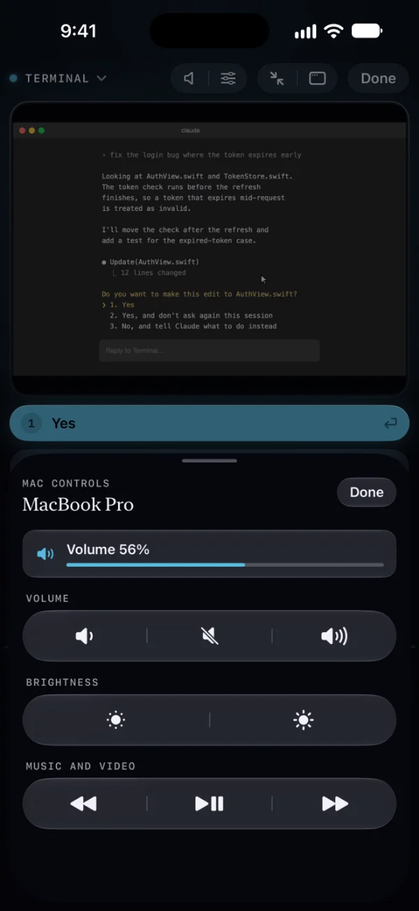 The Mac Controls panel on iPhone: “Volume 56%” with a meter, then Volume (down, mute, up), Brightness (down, up) and Music and Video (previous, play/pause, next).