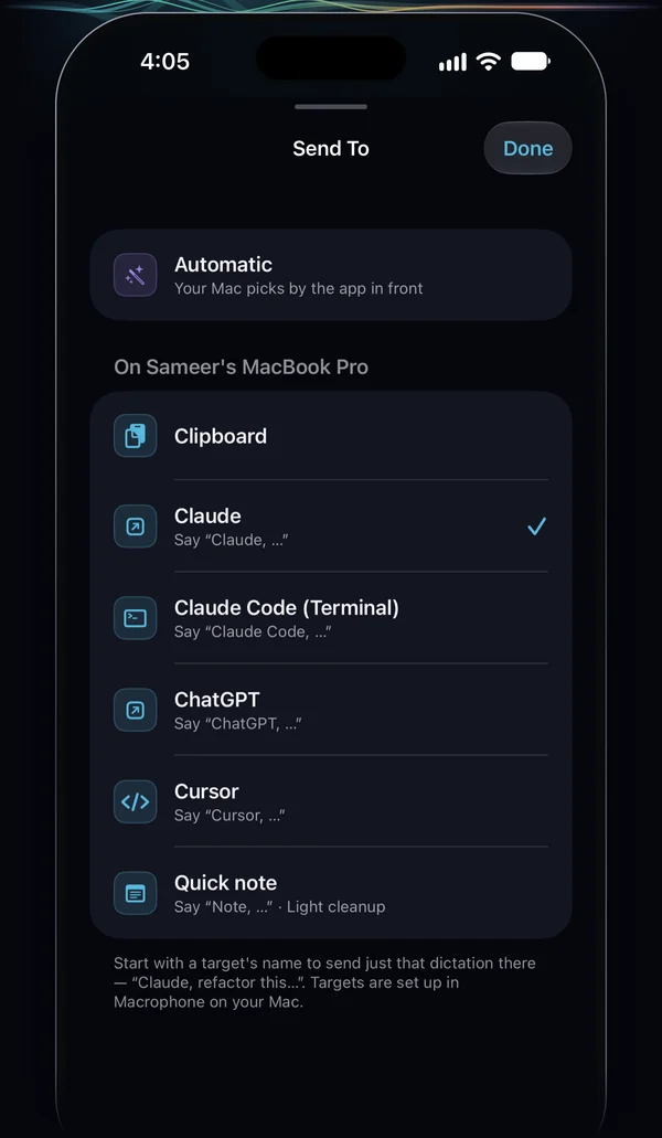 The Send To list in Macrophone on iPhone: Automatic, which lets the Mac pick by the app in front, then targets on the Mac — Clipboard, Claude, Claude Code (Terminal), ChatGPT, Cursor and Quick note — each with the words to say, such as “Claude, …”.