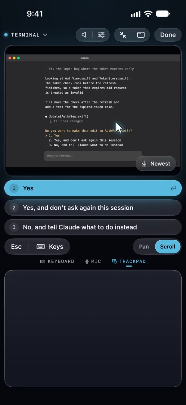 The trackpad page: a Terminal window running Claude Code with a pointer over it, Claude’s question as three buttons, and the trackpad below.
