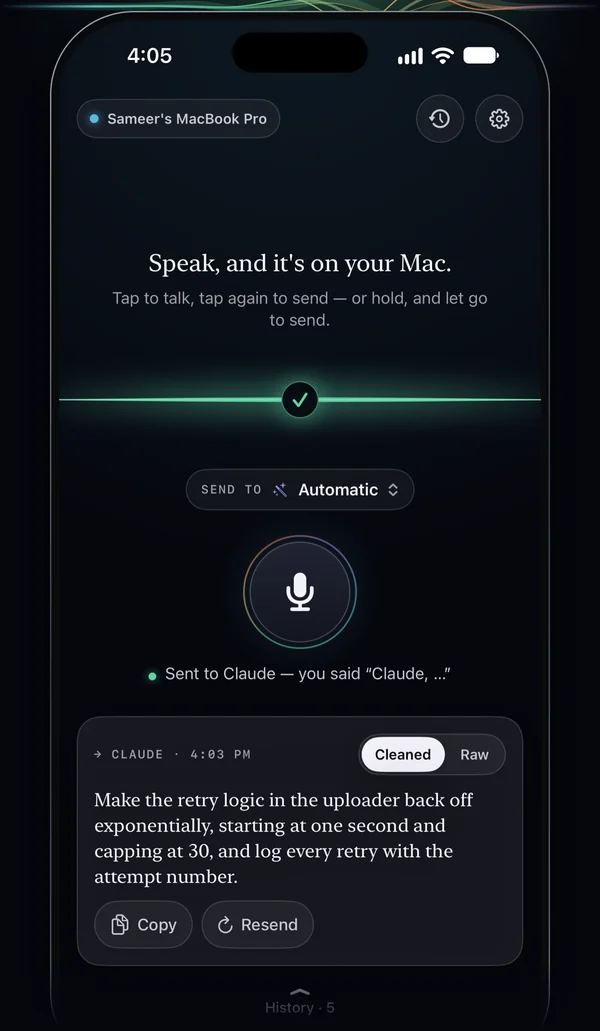 Macrophone on iPhone after a dictation: the Send to chip reads Automatic, and the status line says “Sent to Claude — you said “Claude, …””. Below, the last dictation, labelled Claude, with Cleaned and Raw toggles.