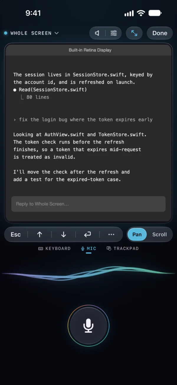 Macrophone on iPhone showing Whole Screen: the Mac’s built-in display, live, with Esc, the arrows, Return and Pan or Scroll under it, and the mic.