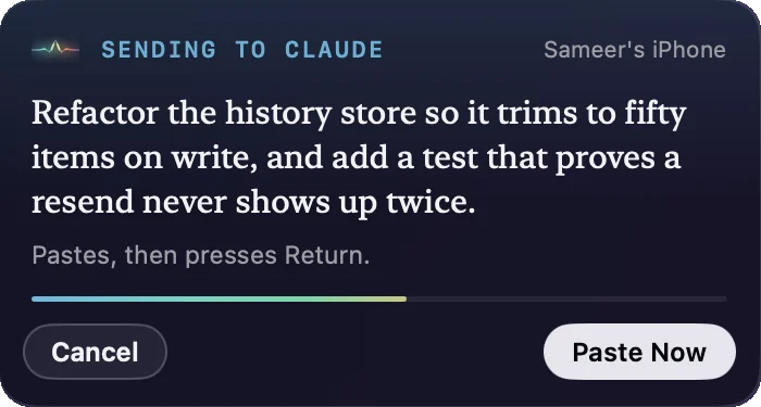 The Macrophone panel on the Mac, reading “Sending to Claude”, with the cleaned-up prompt, a countdown line, Cancel and Paste Now buttons.