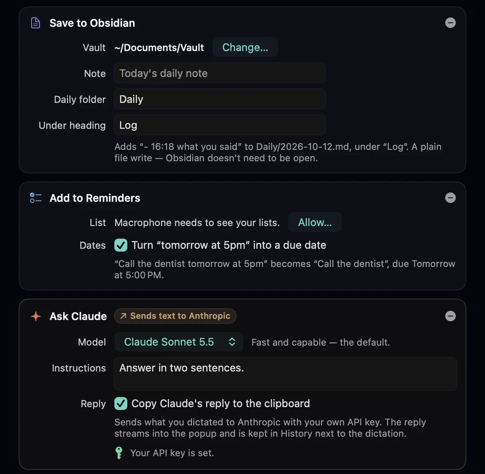The Also section of the profile editor: Save to Obsidian with a vault, Daily folder and Log heading; Add to Reminders with the date option turned on; and Ask Claude.
