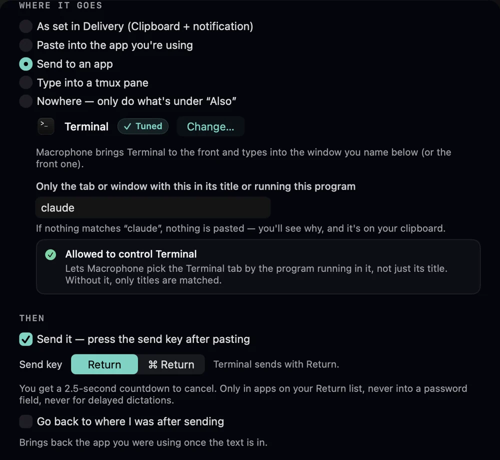 The profile editor for a Terminal target: Where it goes set to Send to an app, Terminal marked Tuned, the field “Only the tab or window with this in its title or running this program” set to claude, a green “Allowed to control Terminal” row, and under Then: Send it — press the send key after pasting, Send key Return, and Go back to where I was after sending.