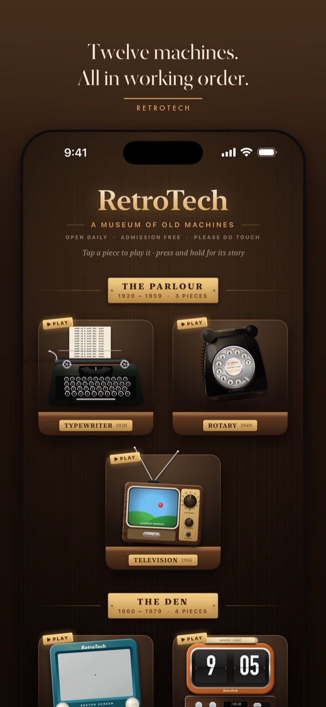 The museum shelf: a typewriter, a rotary phone and a television in the Parlour gallery